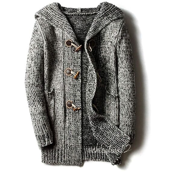 Men's Casual Loose Horn Button Up Mid Long Hooded - Picture 15 of 16